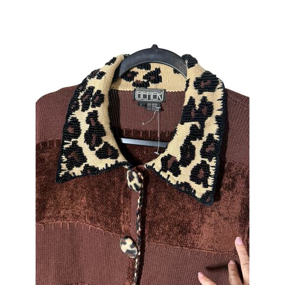 Berek Sweater Womens L Brown Animal Print Leopard Beaded Cardigan Button Vintage - Picture 5 of 16